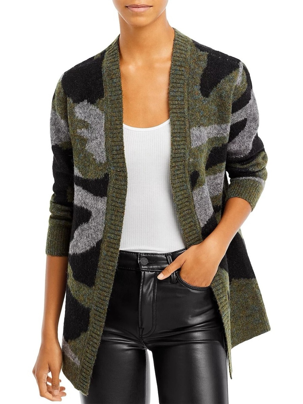 Aqua Camo Open Front Cardigan Medium Soft Warm Cozy Knit Preppy Elevated Casual